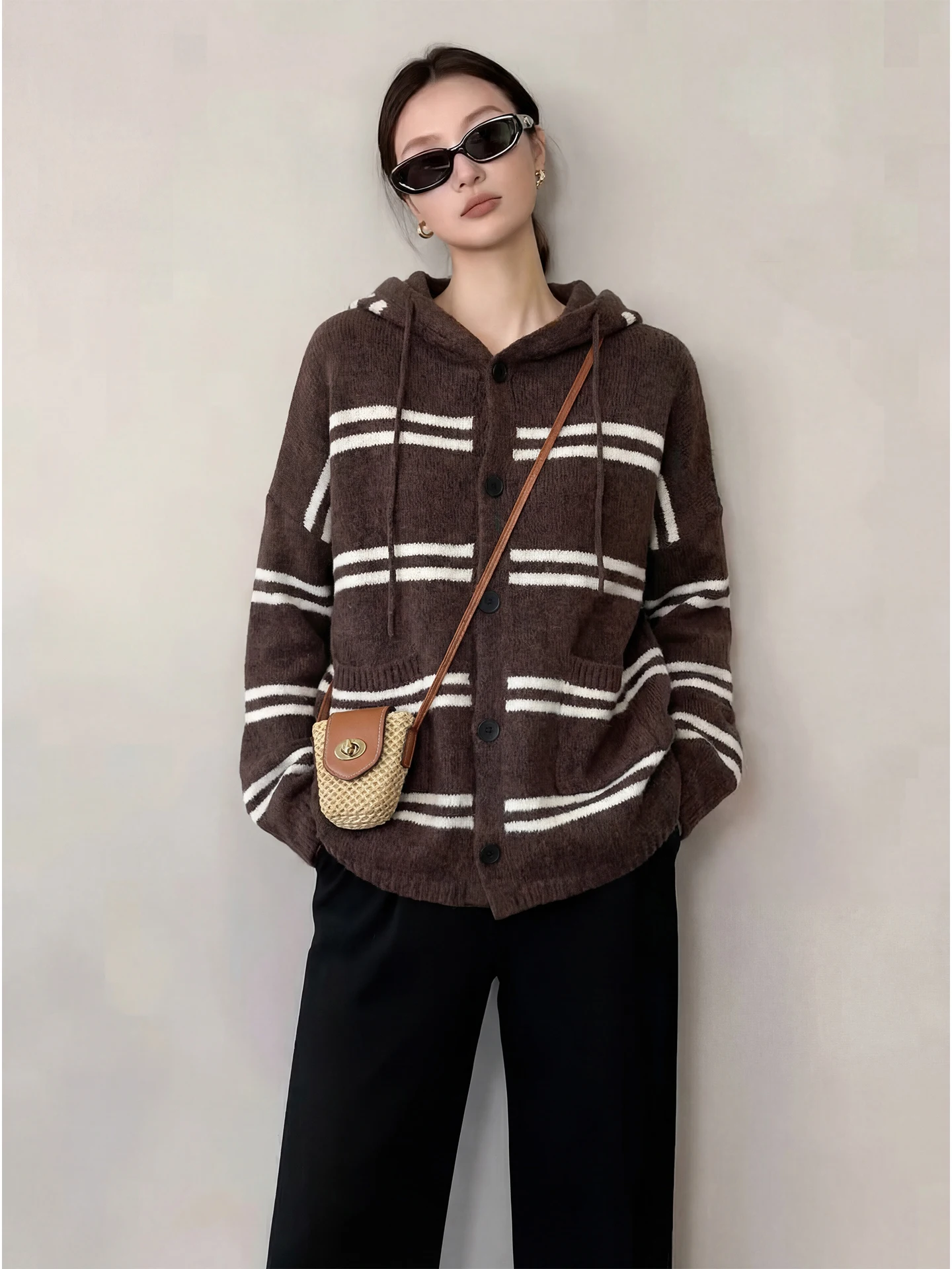 

Loose Knitted Spring Sweater Faionable Striped Long Sve ed Open Cardigan Women's French Sle Casual Knitwear