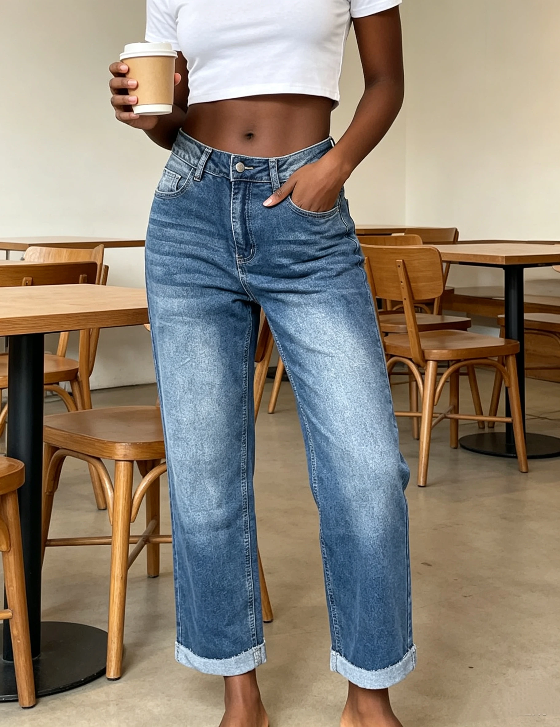 Vintage Medium Blue High Waist Straight Jeans Women Distressed Faded Cuffed Hem Casual Cropped Pants