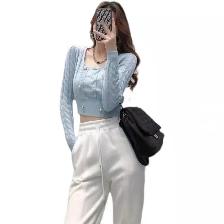 Slim Young Lady Knitting Pullovers Short Design Long Sleeve Square Collar Fashion Female Knitted Pullovers Sweet Women's Sweater