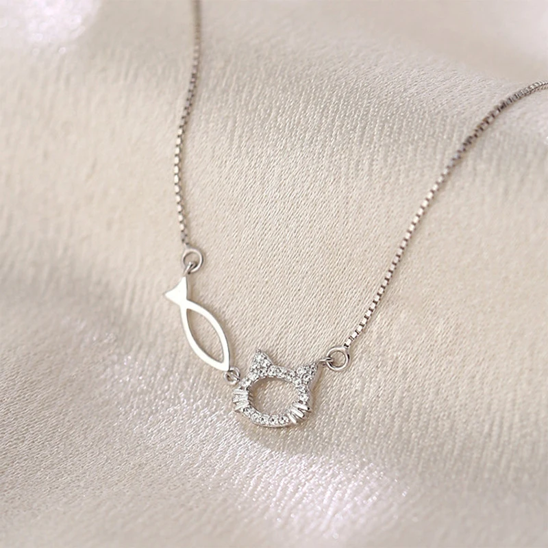 GANPUP Süße Katze Fisch Funkelnder Zirkonia Anhänger Halskette für Damen Mode Neuer Schmuck Halskette Geschenk Party Collares Колье – Detail 6