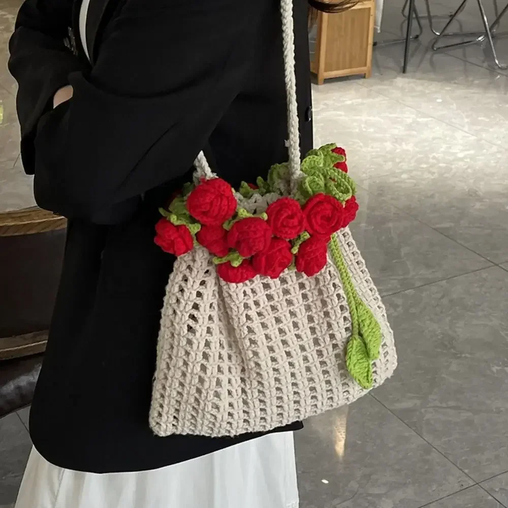 

Bohemian Rose Bouquet Weave Bag Cotton Rope Hollow Out Knitted Flower Shoulder Bag Crochet Large Capacity Rose Beach Bucket Bag