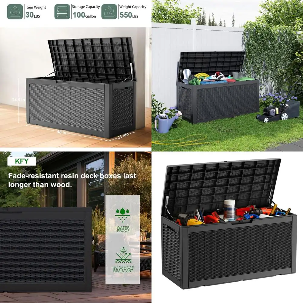 

Водонепроницаемый ящик для хранения на открытом воздухе на 100 галлонов для патио, мебели, подушек, инструментов и снаряжения для бассейна, грузоподъемность 660 фунтов