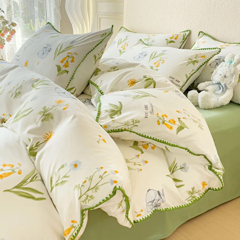 

Green Pastoral Girls Flower Bedding Set Washed Cotton Bed Linen Soft Quilt Cover Sheet Pillowcase Simple Bedspread Home Textiles