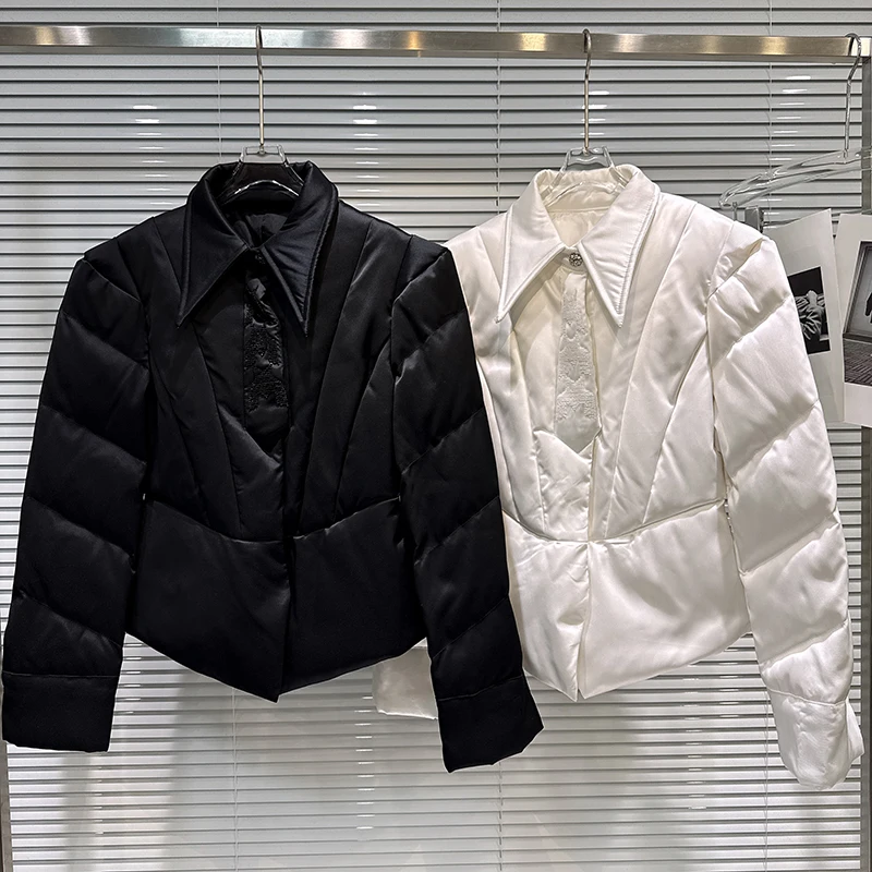 

2025 Winter New Tie Three Dimensional Design Concealed Waist Warm Down Jacket Women Solid Color Laple Collar Trendy Coat