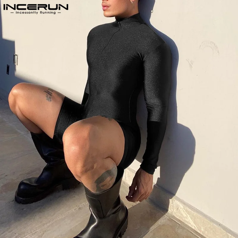 INCERUN Men Rompers Solid Turtleneck Streetwear Long Sleeve Zipper Skinny Shorts Casual Men Jumpsuits 2023 Sexy Overalls S-5XL