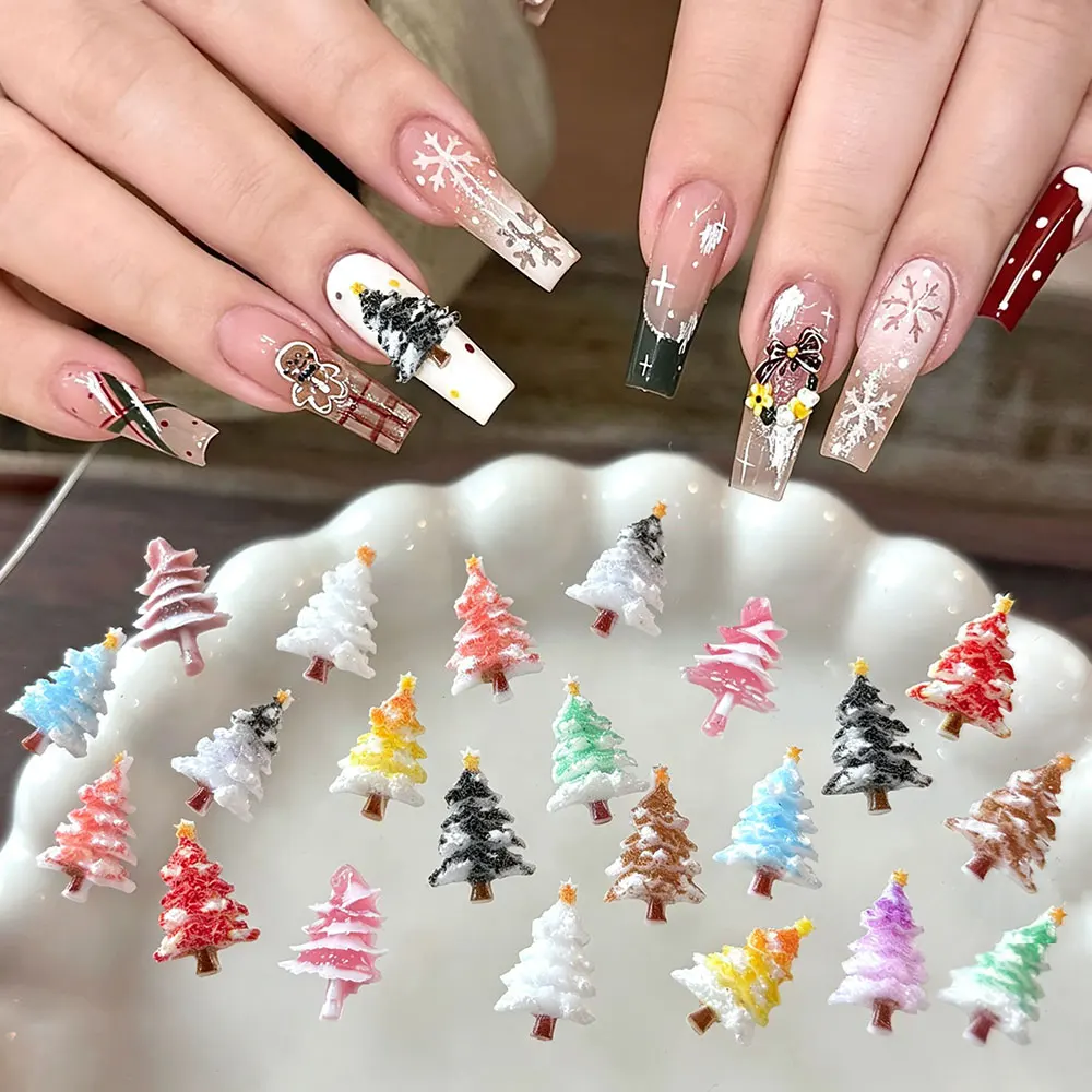 30pcs 3D Coloful Gradient Christmas Tree Nail Decoration Resin Flatback Xmas Tree Nail Charms Winter Holiday Nail Supplies 14mm