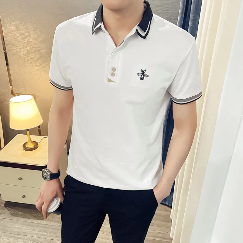 Summer Bee Embroidered Polo Shirt for Men Short Sleeve Slim Fit T-shirts Fashion Lapel Casual Business Polo Tee Tops M-4xl 2024