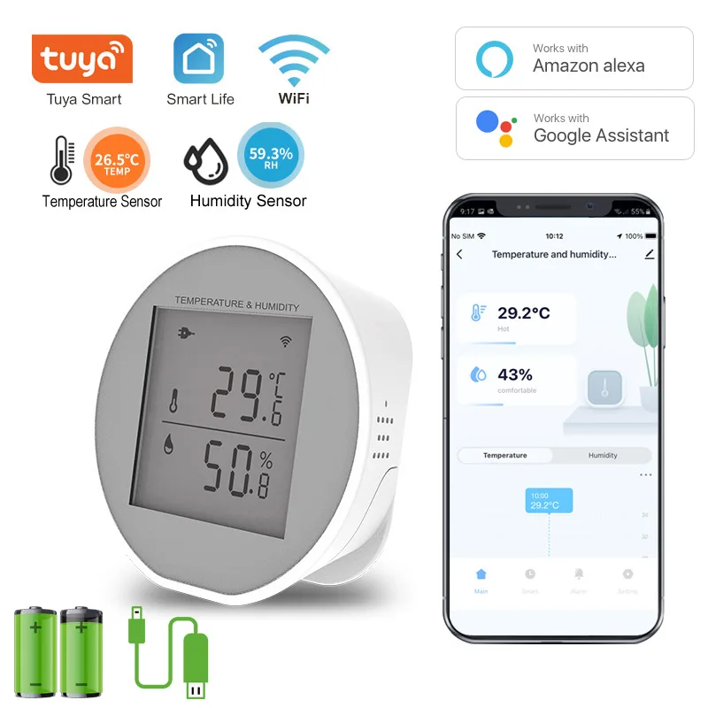 Termometer WiFi cerdas grafiti, pengukur suhu tinggi dan rendah dengan baterai Sensor kelembaban rumah nirkabel dengan catu daya USB