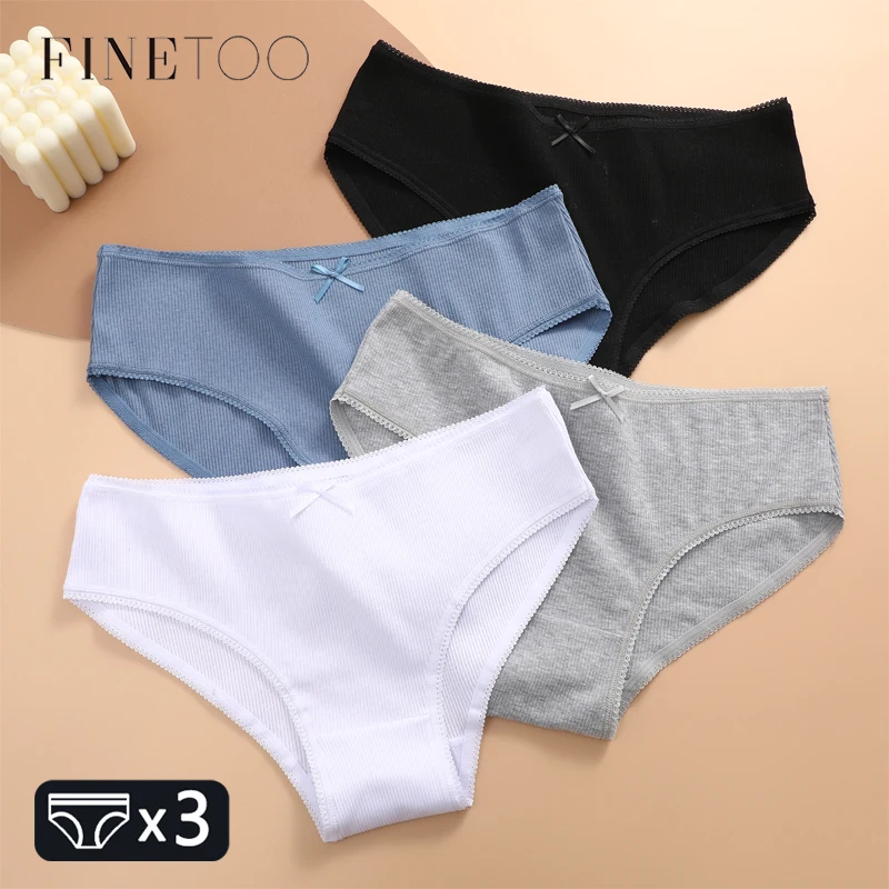 FINETOO 3PCS Women Cotton Underwear Sexy Lace wavy Waist Briefs Female Solid Color Breathable Lingerie Stretch Intimates Panties