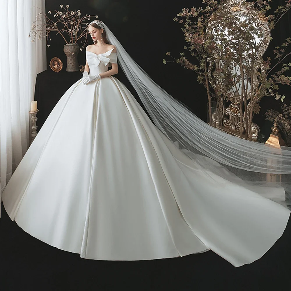 Elegant Satin Wedding Dresses White Off The Shoulder Draped Ball Gowns Fashion Back Lace Up Court Train Bride Dresses 2024