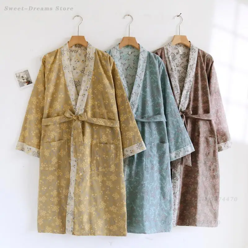 Men's Cotton Gauze Kimono Bath Robe Gown Female Print Home Dress Spring Summer New Sleepwear Nightgown Loose Loungewear Lingerie