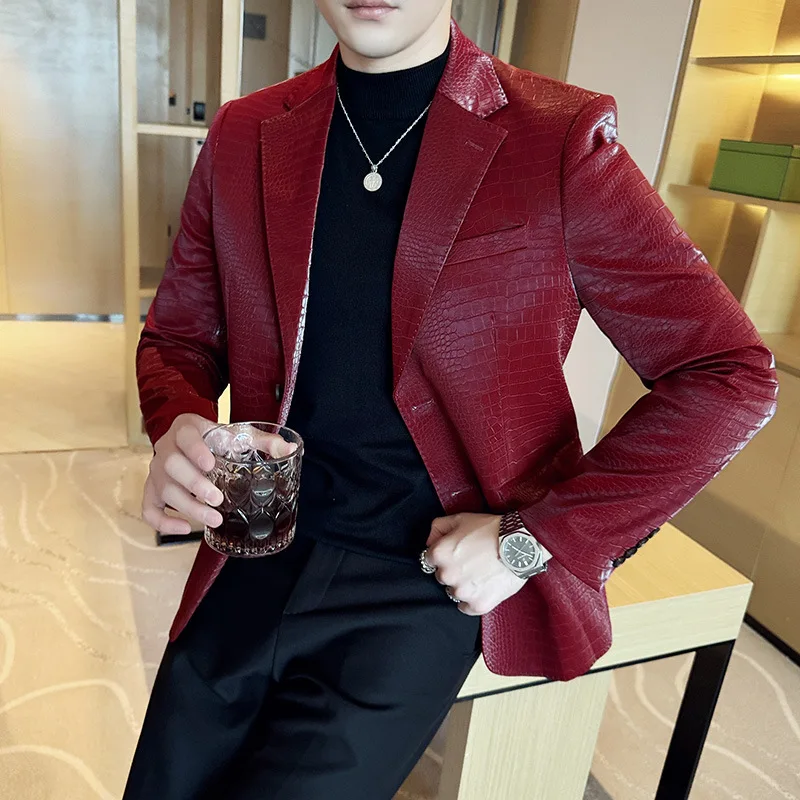 Crocodile Pattern Grid Men Leather Jacket Korean High Quality Fashion Business Slim Casual Men Suit Coats Tuxedos Men Clothing