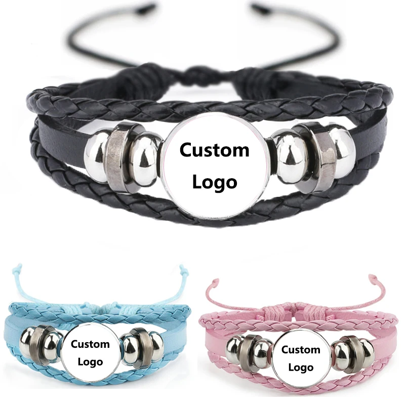 Pulseira de couro com logotipo personalizado para crianças, foto personalizada, pulseiras encantadas, preto, rosa, azul, figura de anime, cosplay, presente masculino