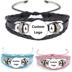Custom Logo Leather Bracelet Personalized Photo Charm Black Pink Blue Anime Figure Bangles Cosplay for Kids Men Gift
