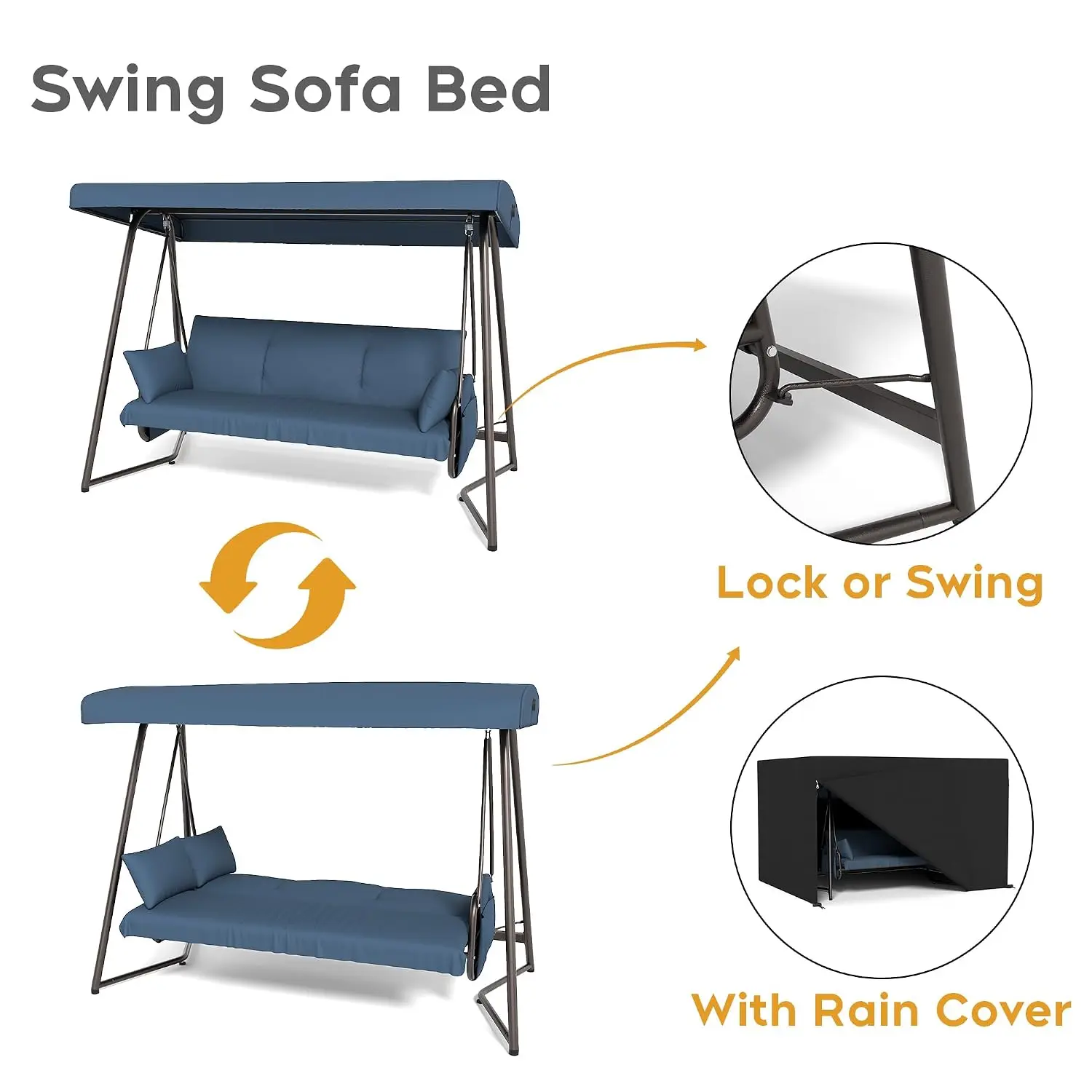 Outdoor 3-Seat Porch Swing Bed with Stand & Canopy, Heavy Duty Patio Bench with Rain Cover, Extra Large, Customized