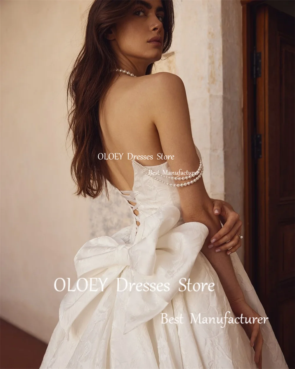 OLOEY 2025 Ivory A Line Wedding Dress Photoshoot Pearls Straps Bridal Gown Lace Up Back Floor Length V Neck Custom Made V Neck