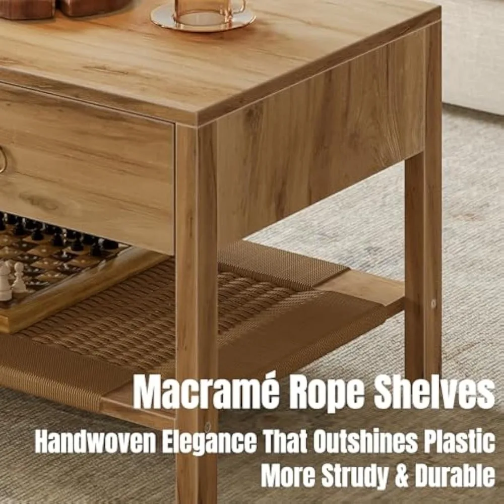 Mesa de centro Boho com armazenamento, mesa de centro de madeira de 42" para sala de estar, 2 gavetas de armazenamento e prateleira aberta de vime, estilo boêmio C