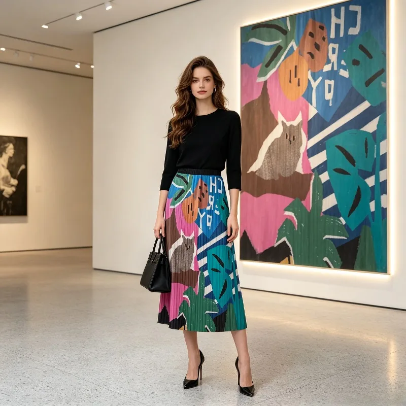 Miyake Pleated 2026 Summer New Original Casual Fashion Draped Skirt Elastic Waist Dopamine Print Pleated Half Skirt for Women