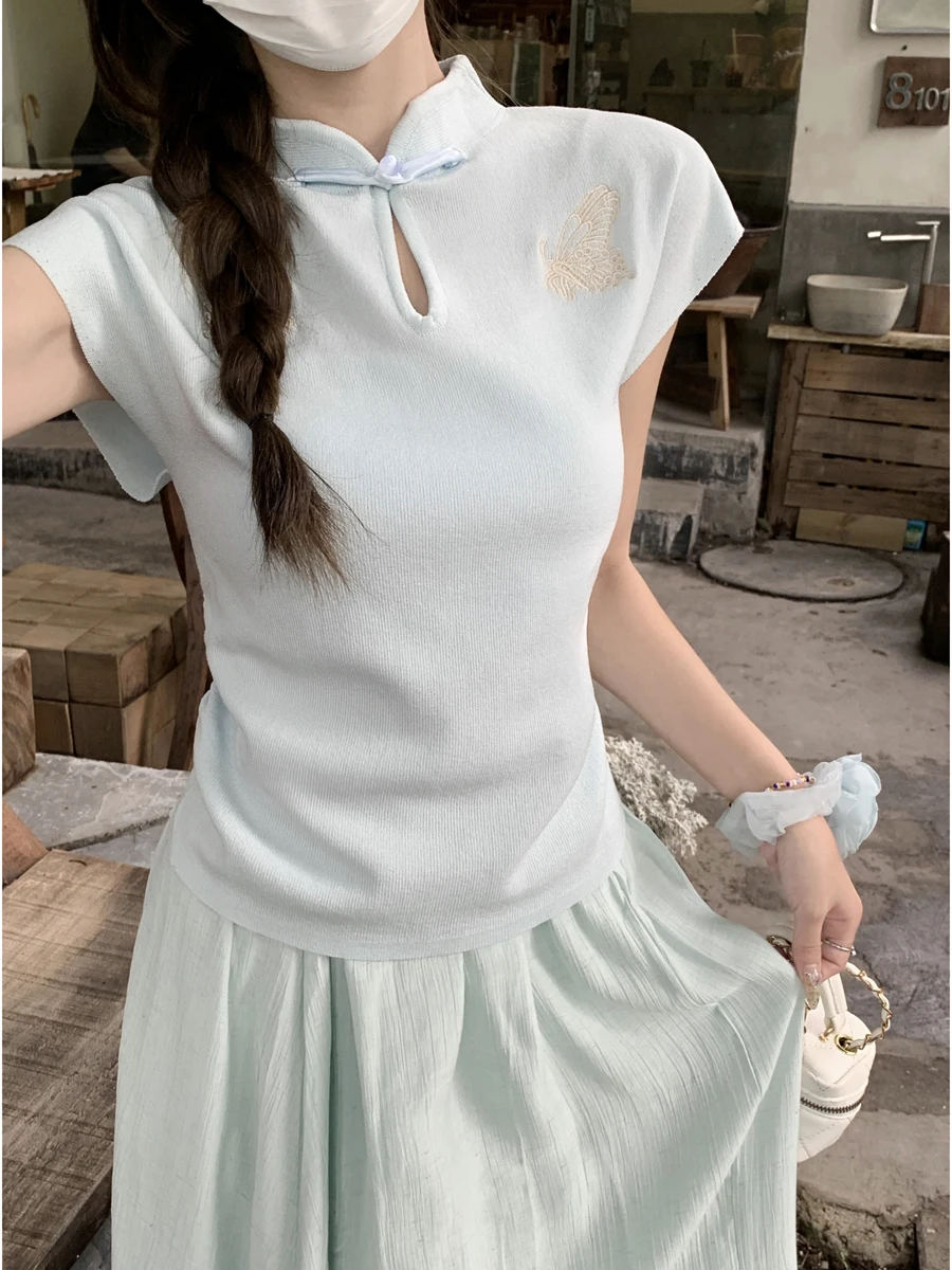 

Korean Sle Women's Knitted ort Sve Top Embroidered Slim Fit Button Design Summer New Faion Commute Sle Regular Thi...