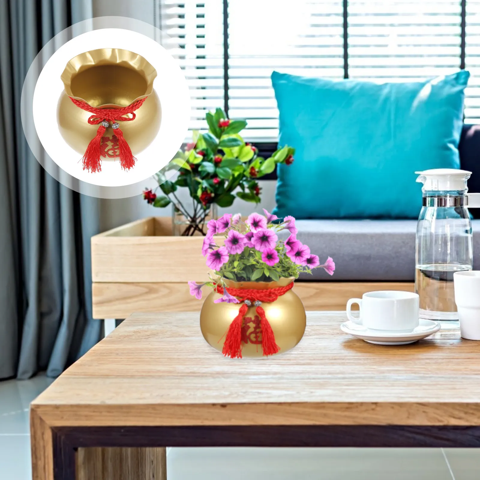 Chinese Style Iron Flower Bucket Blessing Decor for New Year Party Home Office Decoration Money Tree Plant Display Festive