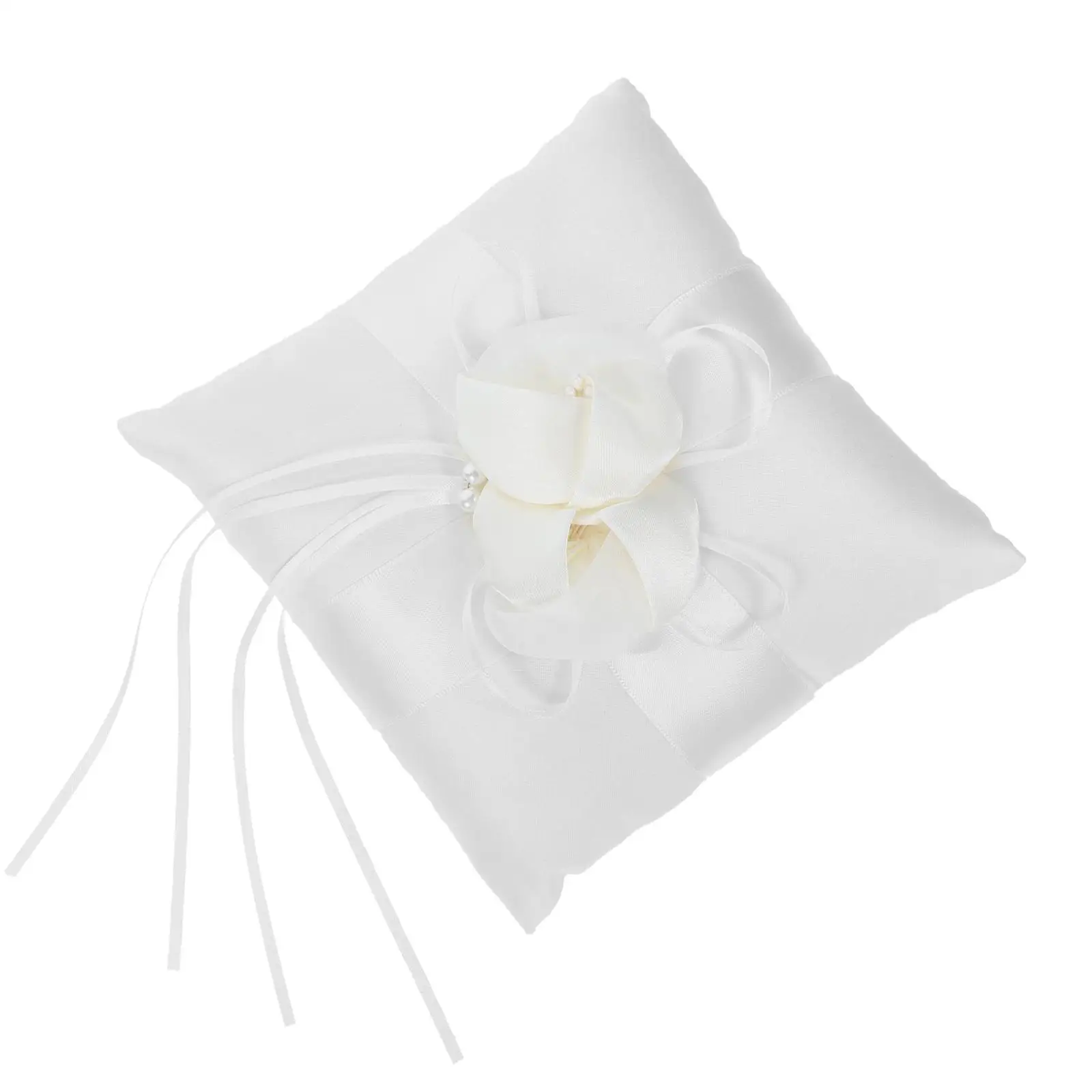 

White 15x15cm Wedding Pillow Satin Ribbons Faux Bridal Ceremony Pocket Bearer Strap Lightweight Compact