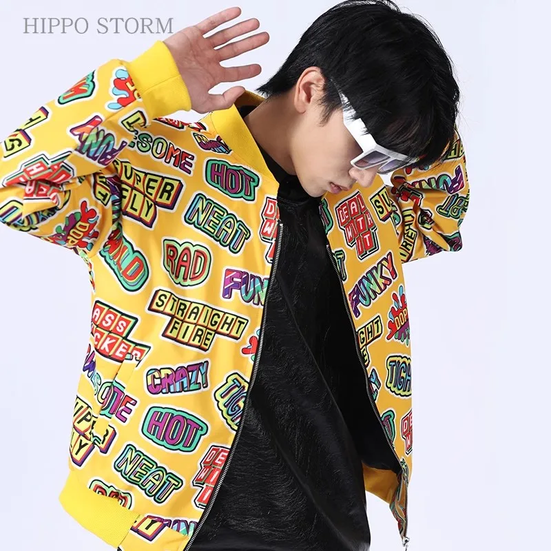 

Fashion Yellow Graffiti Printed Letters Baseball Suit Hip-hop Casual Jacket Trendy Men's Stage High Street Dance Stage Costume