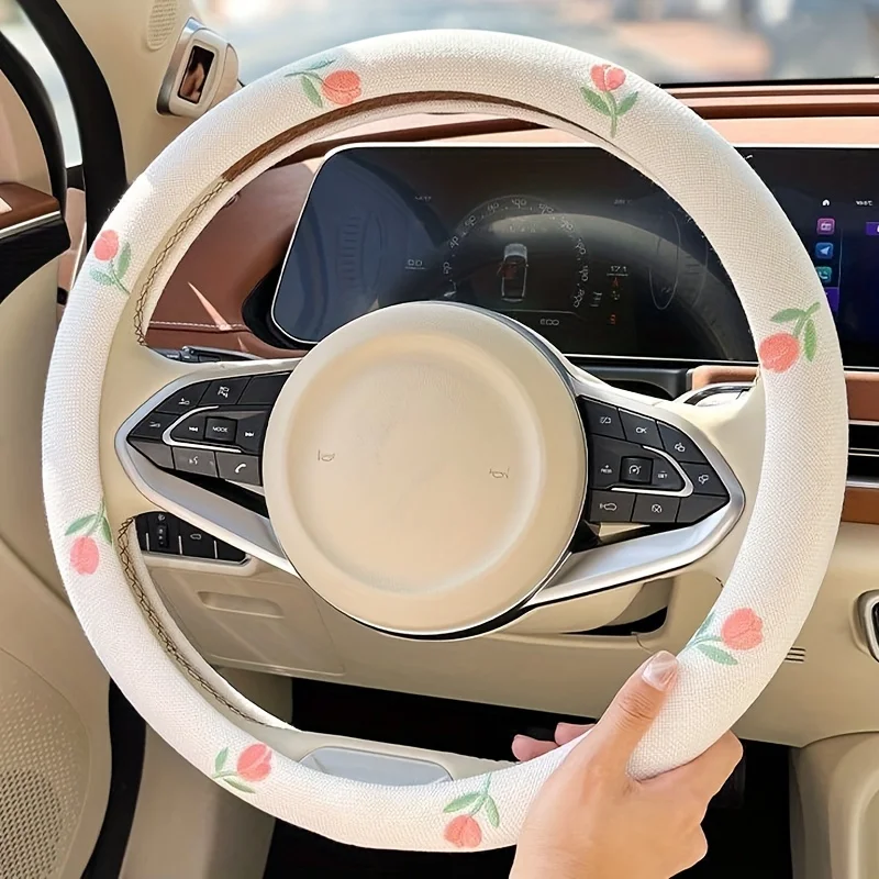 1pc Cotton and Linen Embroidered Tulip Car Steering Wheel Cover Auto Parts - Anti-Slip, Wear-Resistant, Sweat Absorbing