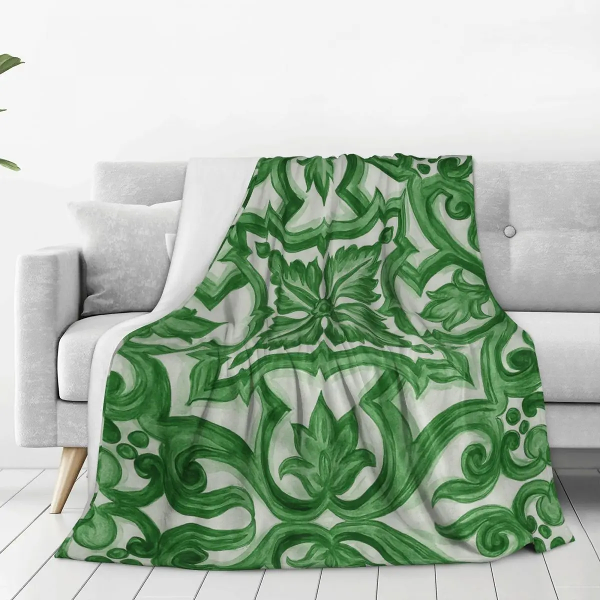 Green Ornate Floral Mediterranean Sicilian Tile Blankets Sofa Throw Blankets For Home Bedroom Outdoor Throws Bedspread Quilt