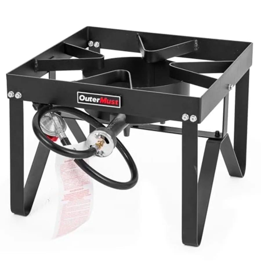

Outdoor propane burner for home brewing, crawfish boiling, turkey frying, and seafood cooking; heavy-duty cast iron with braide