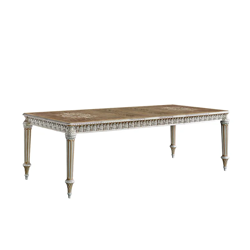 

European Windsor Castle solid wood light gray carved long dining table and chair combination fabric dining chair villa large