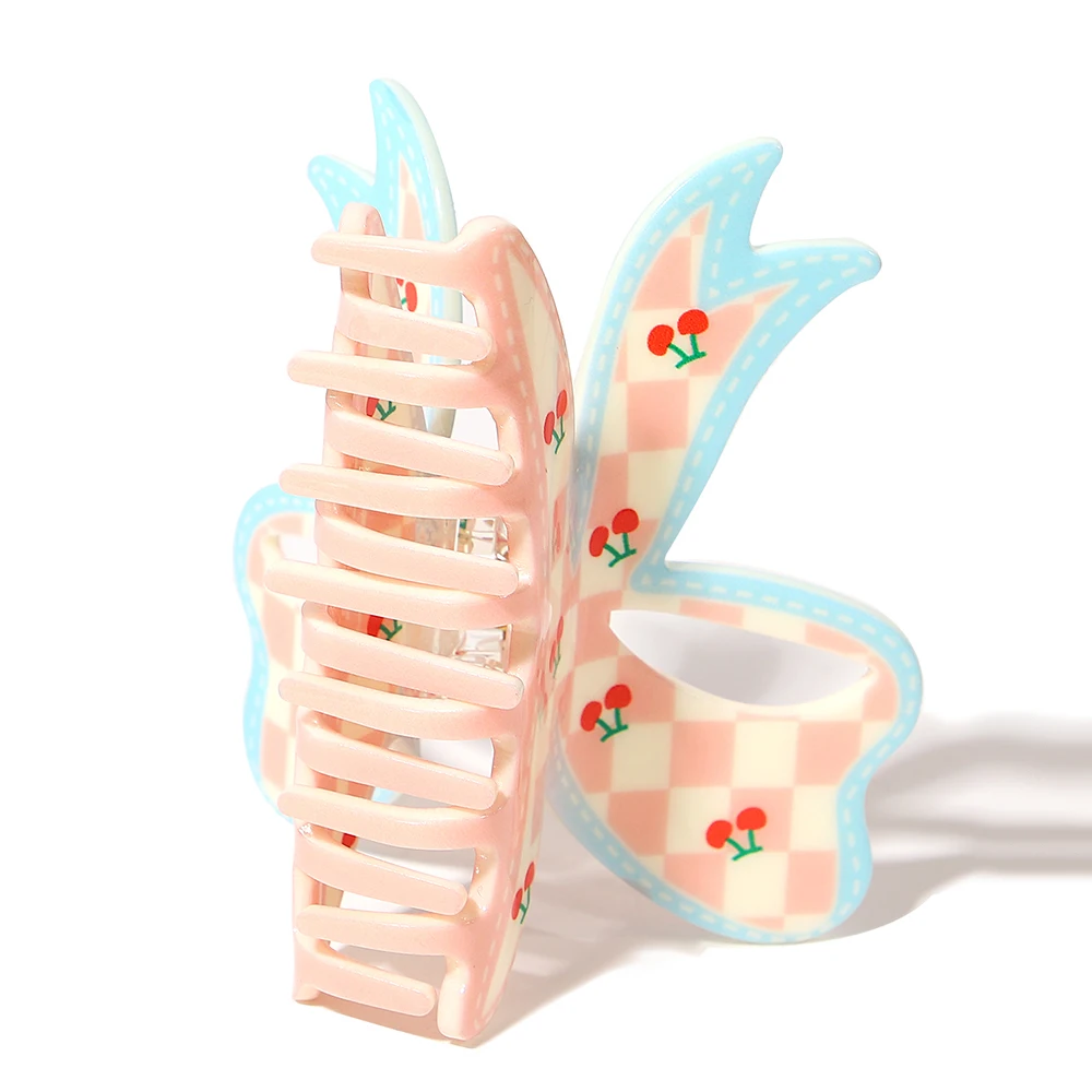 Sweet Pink Lattice Cherry Bowknot Large Size Hair Claw Clip For Women New Ponytail Geometric Hairpin Hair Accessories Headwear