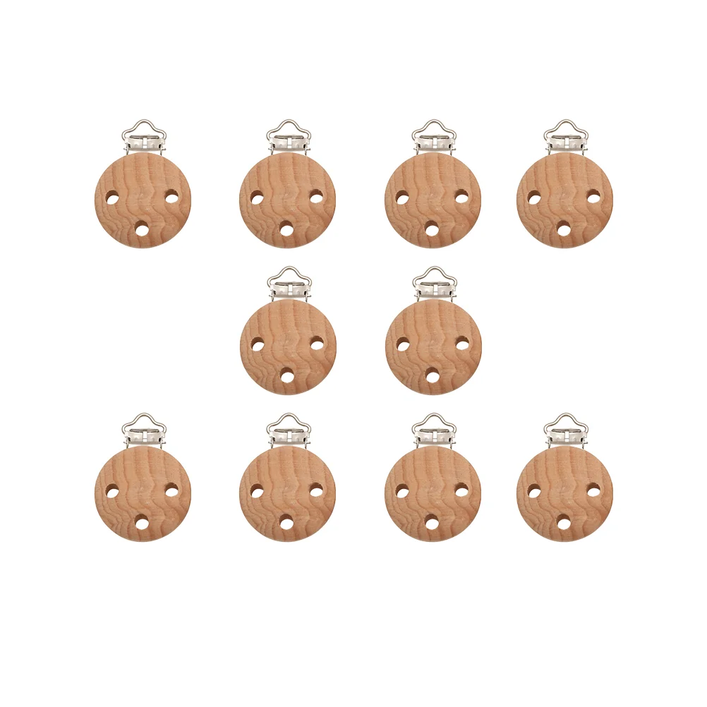 10 PCS Kids Pacifier Clips Holder Wood Color Teether Holders Round Bamboo Child