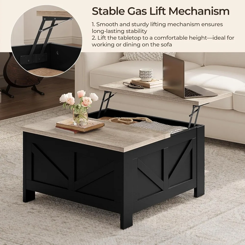 Lift Top Storage Coffee Table, Square Living Room Furniture, 31.5 Inches Center Table with Large Hidden Storage Space