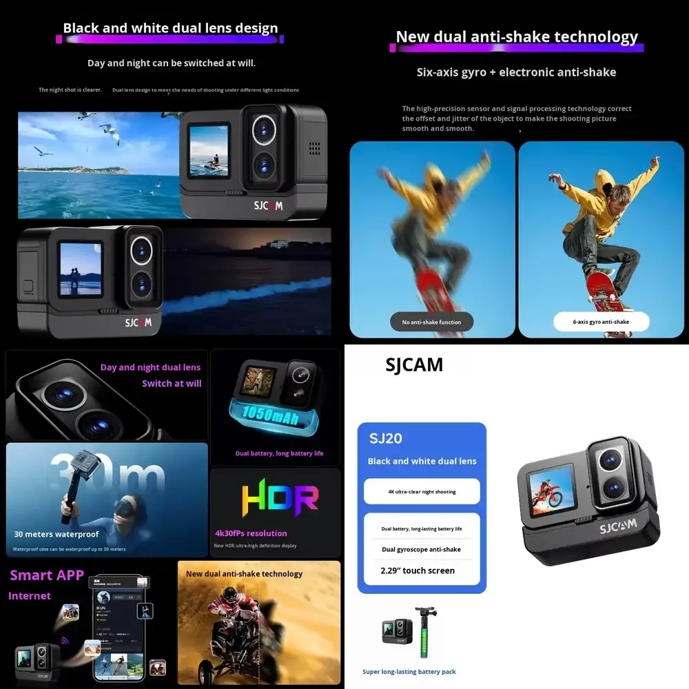 SJ20 Dual Lens Action Camera 4K Ultra Clear Touch Screen 6-axis Stabilization for Vlogging Cycling Skiing