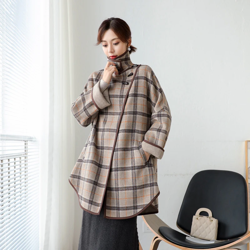 Checkered Maternity Mid Length Coat 2023 Autumn Winter Classic Cowl Horn Button Double Sided Coat Comfortable Warm Cape Jacket