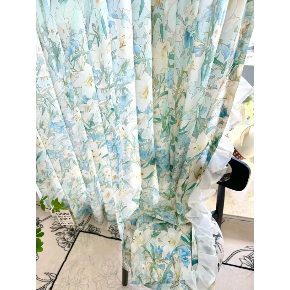 Transparent Pastoral Pomegranate Flower White Gauze Curtains for Bedroom Balcony Living Room Window Screen Drape Light Filtering