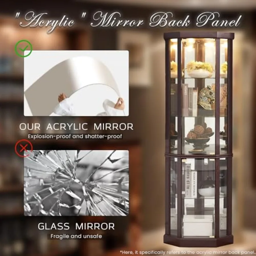Corner curio cabinet for living room: tempered glass doors, lighted display cage, 5 adjustable shelves, 70 H, light bulb includ view 3