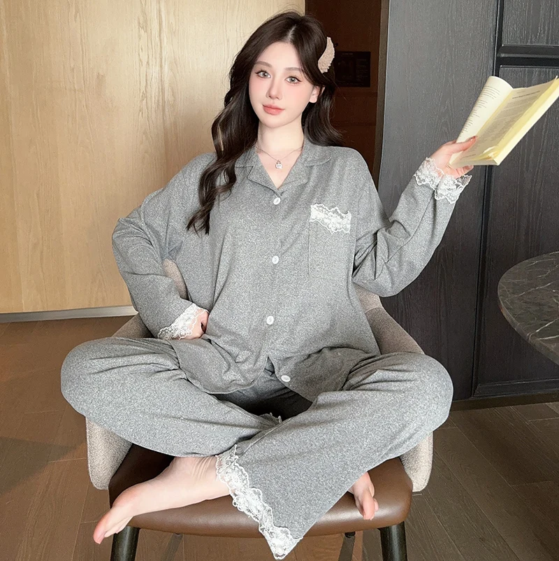 

Весенние повседневные универсальные женские пижамы с лацканами и воротником большого размера, однотонный простой кружевной дизайн, пижамный комплект для женщин, новая корейская одежда для сна