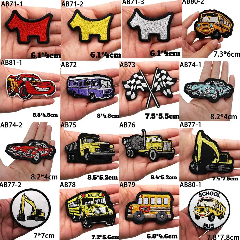 AB68-82 School Bus Truck Excavator Model Embroidered Patches Car Badge with Iron on Hook Backing for Kids Clothing Applique