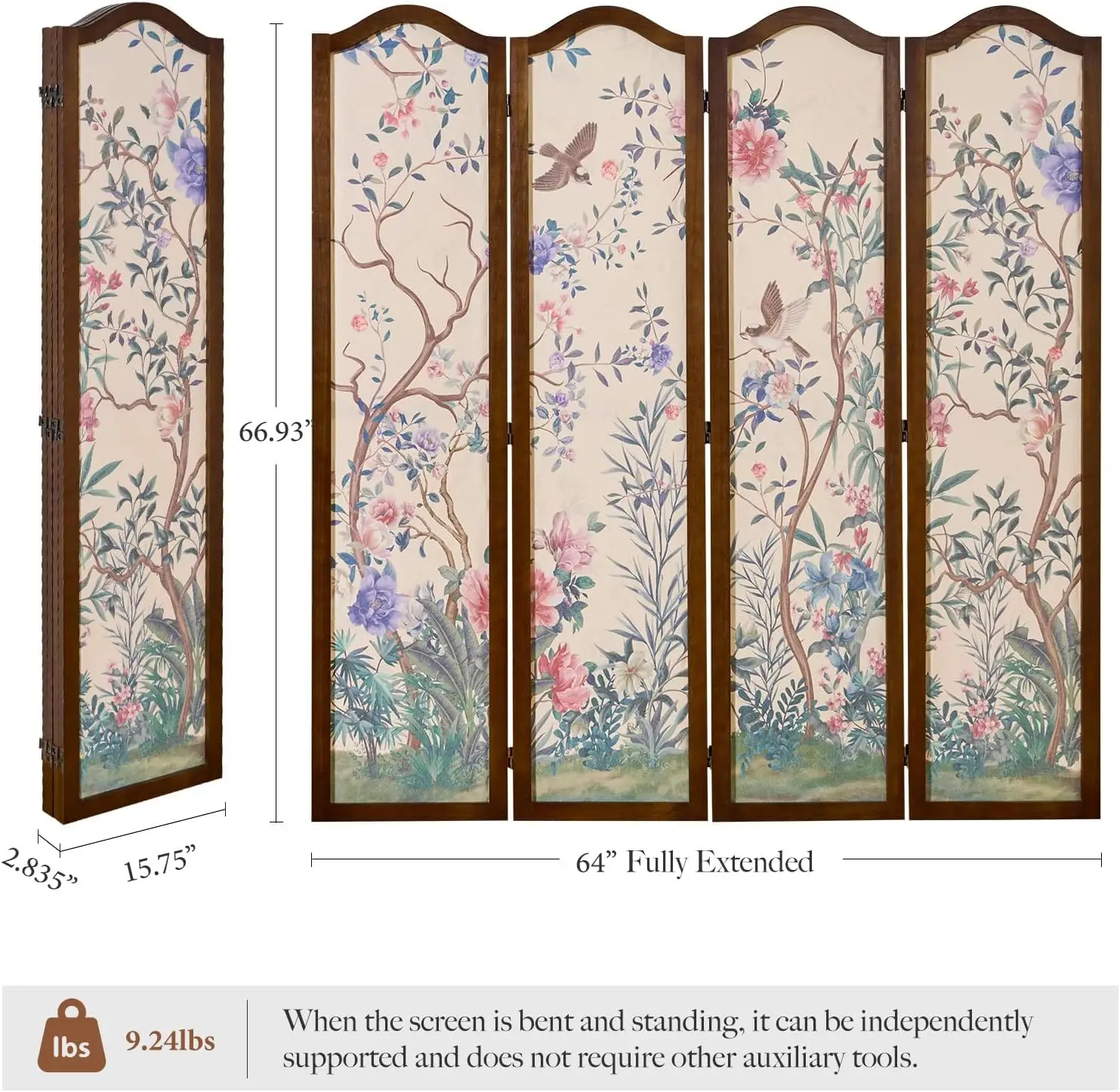Wood 4-Panel Folding Room Divider – Freestanding Privacy Screen & Decorative Partition Wall Panel for Home Decor, Flowers and Birds Design, 67