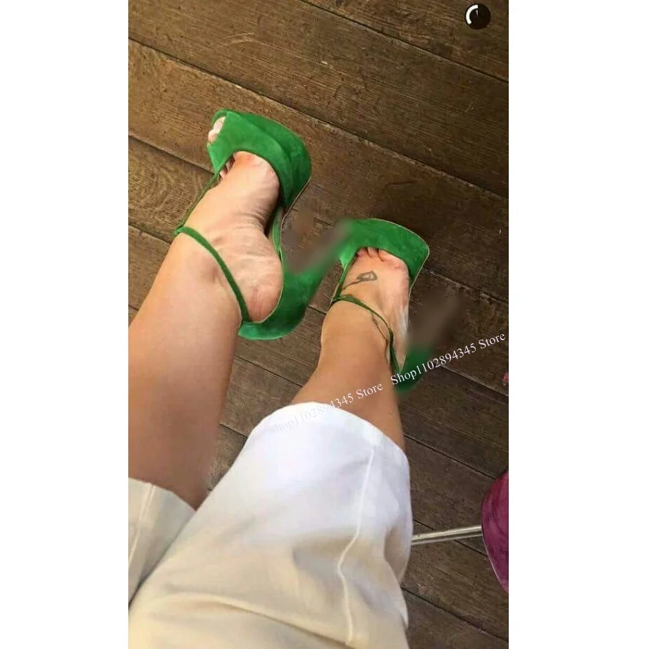 

Green Buckle Shallow Flock Sandals Thin High Heel Peep Toe Fashionable Sexy Cool Summer Big Size Woman Shoes Zapatillas Mujer