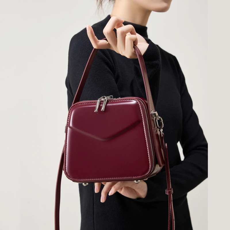 

Burminsa Elegant Genuine Leather Boxy Small Crossbody Bags For Women 2025 Luxury Designer Shoulder Purses Square Ladies Handbags
