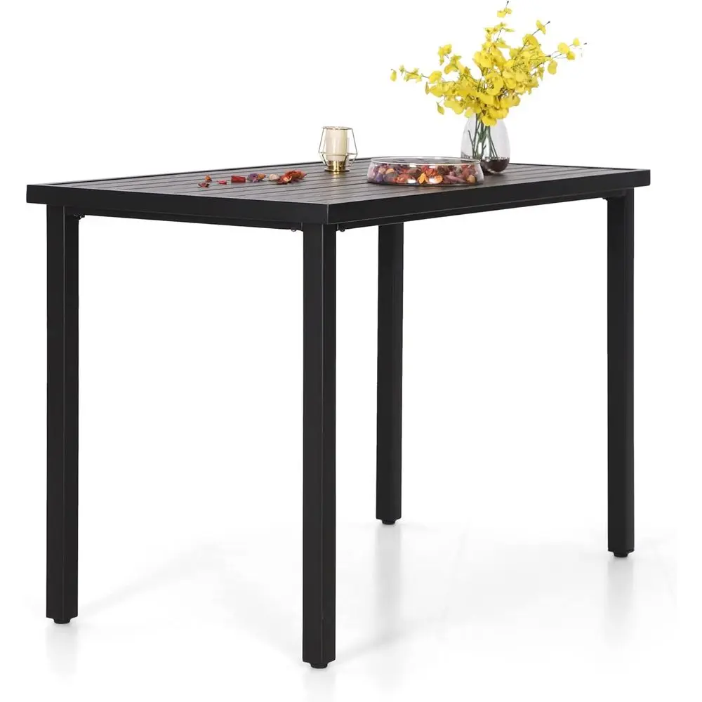 

Counter Height Outdoor Bar Table, 55x27 Metal with Wood Grain, Adjustable Feet, Black High Top for Patio and Yard