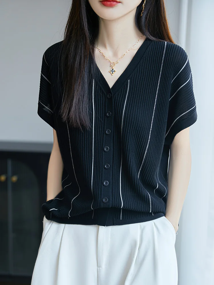 

Summer New V-ne Knitted Loose ort Sve Thin Cardigan Top Versatile Slimming Effect 00% Lyocell Fiber Comfortable Fit