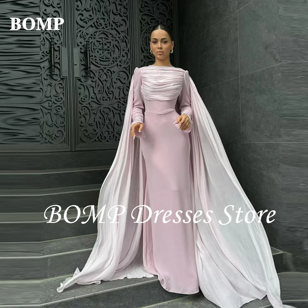 

BOMP Modest Arabic Women Formal Evening Dresses Blush Pink Silk Chiffon Floor Length Prom Gowns Robe de soiree Customized