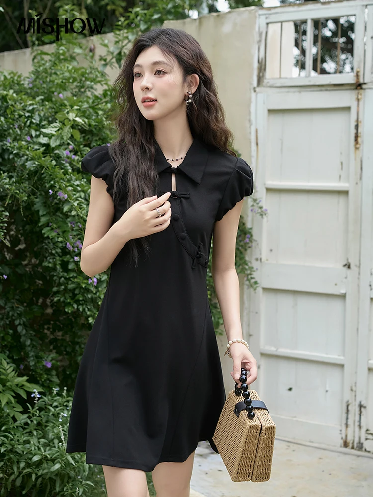 

MISHOW Black Thin Knitted Improved Cheongsam Dresses for Summer 2024 Polo Collar Hollow Out Loose Waist Short Dress MXD24L1711