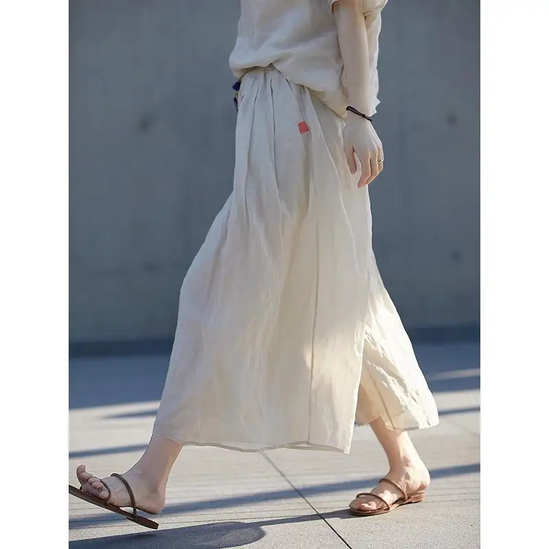 New Arrival 2025 Summer Arts Style Women Elastic Waist Loose Calf-length Pants High Quality Casual Ramie Beige Skirt Pants 1081
