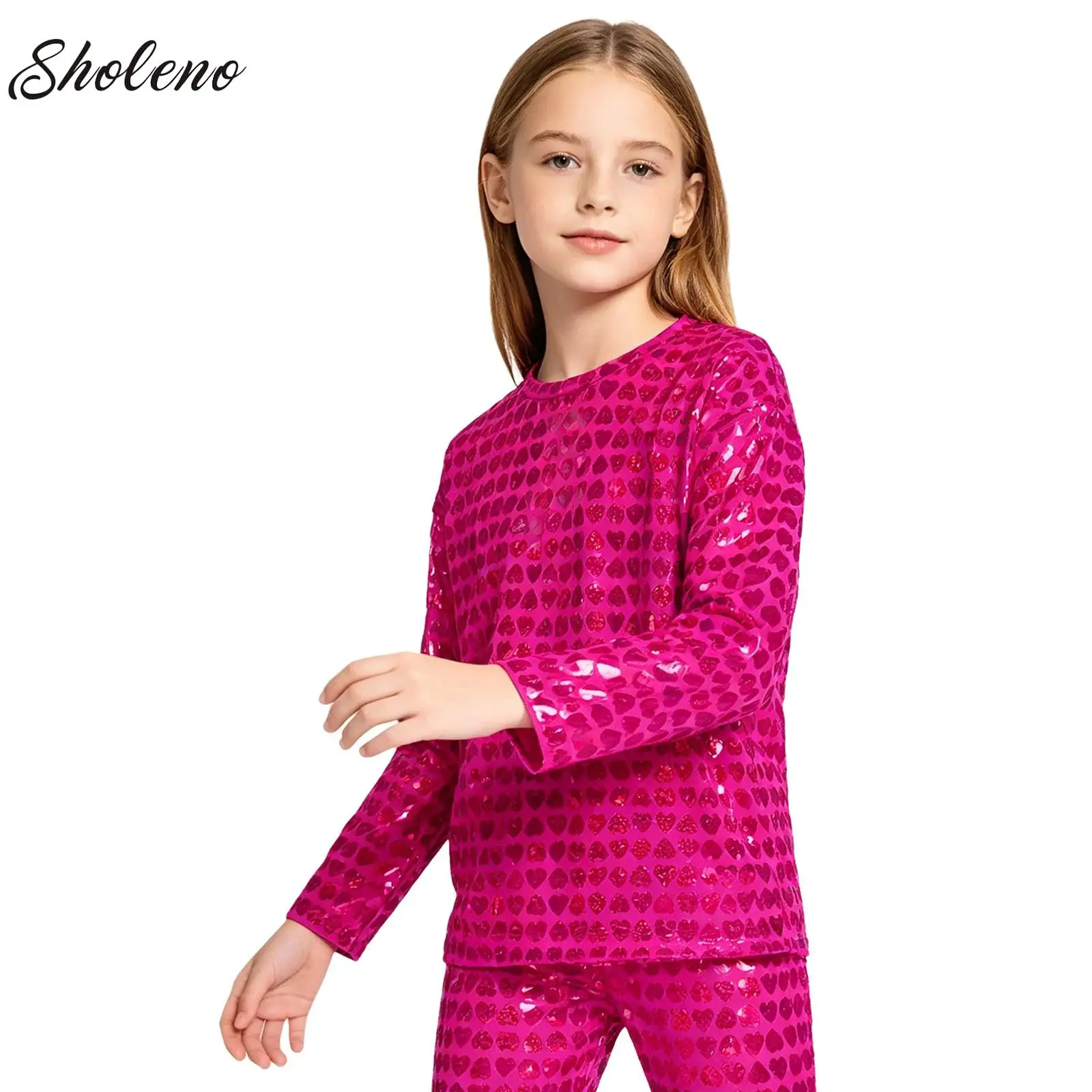 Boys Girls Shiny Long Sleeves Party T-Shirt Tops Kids Metallic Modern Jazz Hip-hop Dance Costumes Stage Performance Dancewear