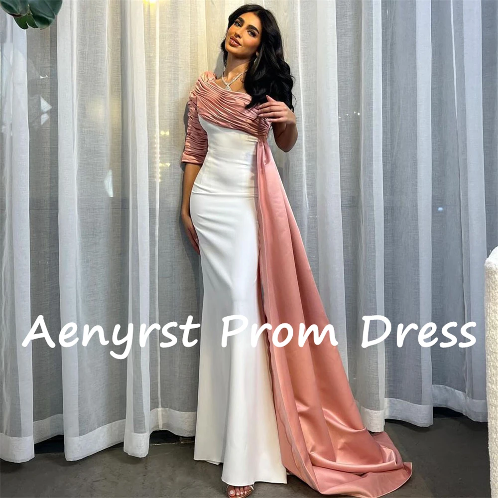 Aenyrst-Vestidos de Fiesta elegantes con un hombro al aire, vestidos de noche plisados de sirena de satén, longitud hasta el suelo, ceñido al cuerpo, Color de contraste