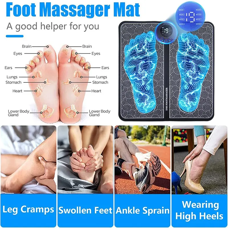 Electric EMS Foot Massager Pad Relax Feet Leg Muscle Massager Matt Shock With Remote and Pads